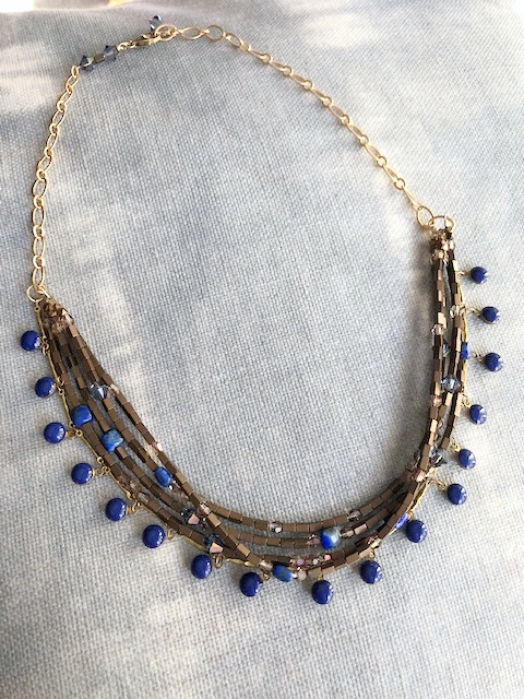 A Blue Lapis, Bronze, Austrian Crystal, Gold Chain Necklace